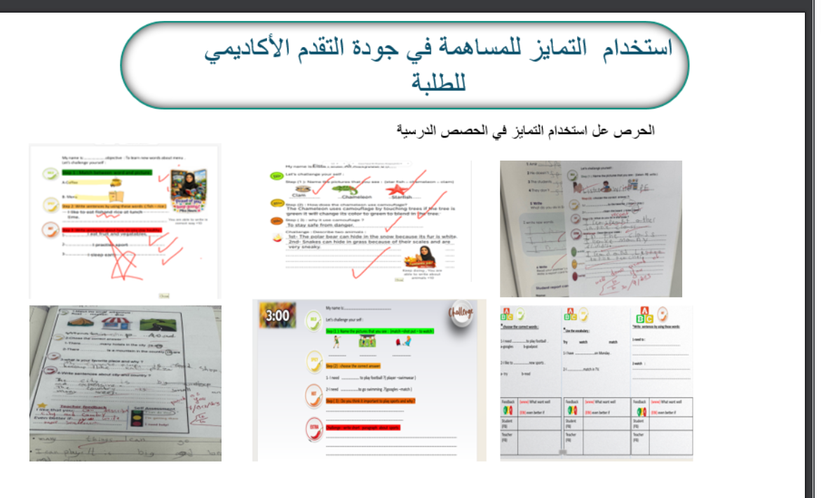 صور توثّق تطبيق المعلمة نورة البلوش لاستراتيجيات الكتاب: التعليم المتمايز، العمل التعاوني، البطاقات الحمراء والخضراء